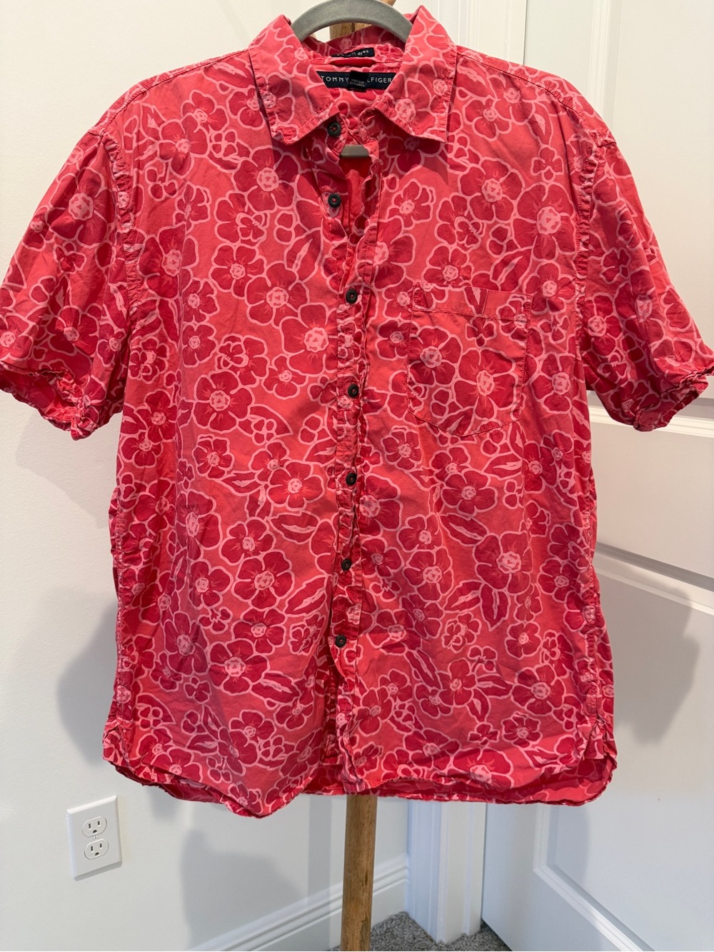 Tommy Hilfiger Coral-Red Floral Short Sleeve Button-Down Shirt